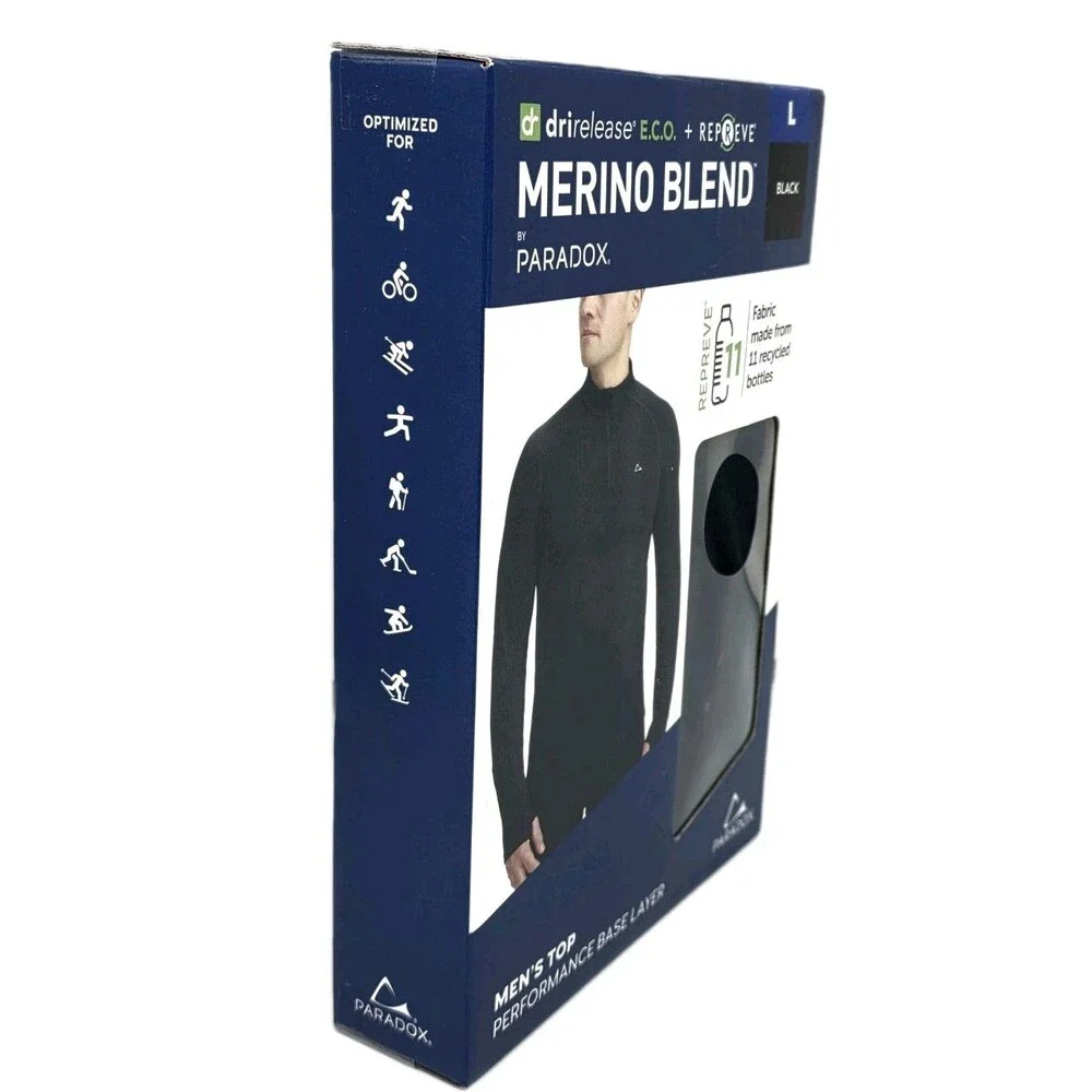 Paradox Men's L Merino Blend 1/4 Zip Performance Base Layer Top DriRelease Black